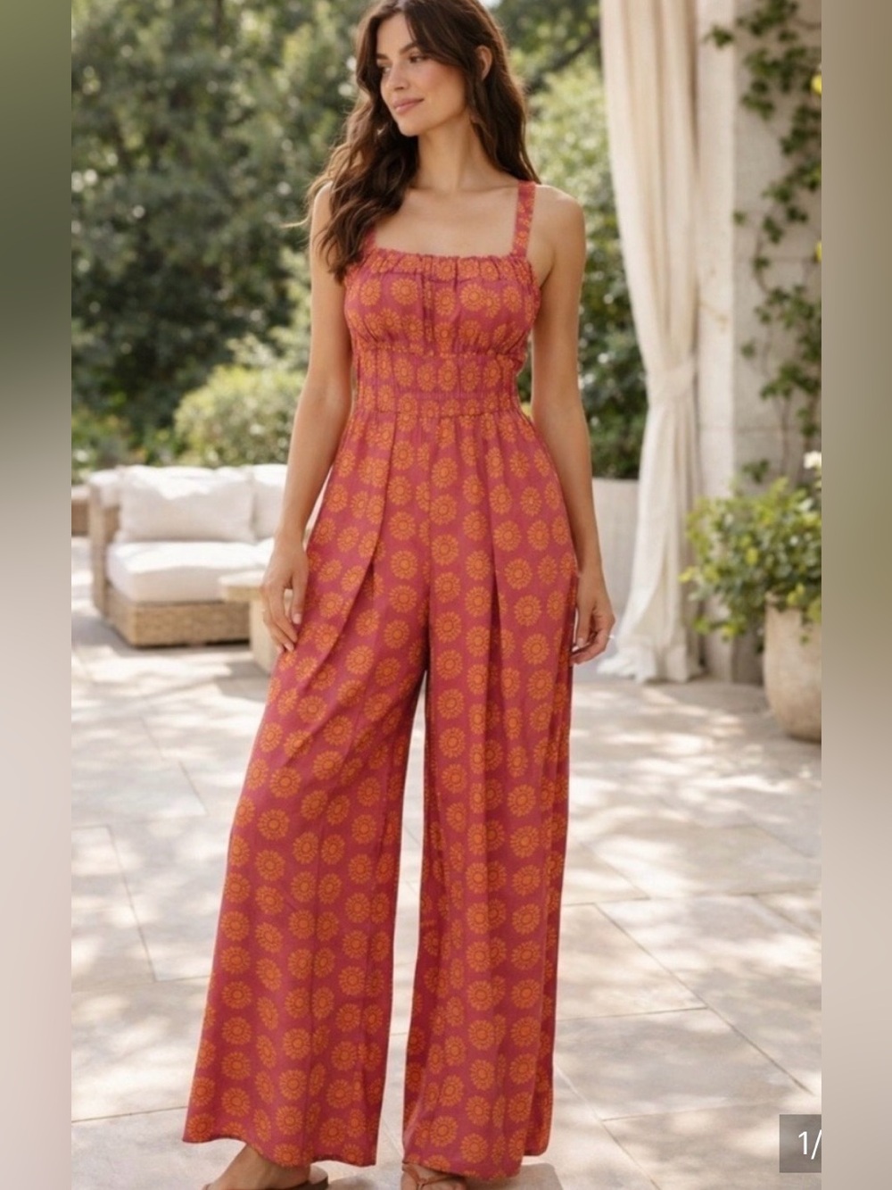Urban Outfitters Ecote Smocked Wide-Leg Jumpsuit in pink +orange only size small